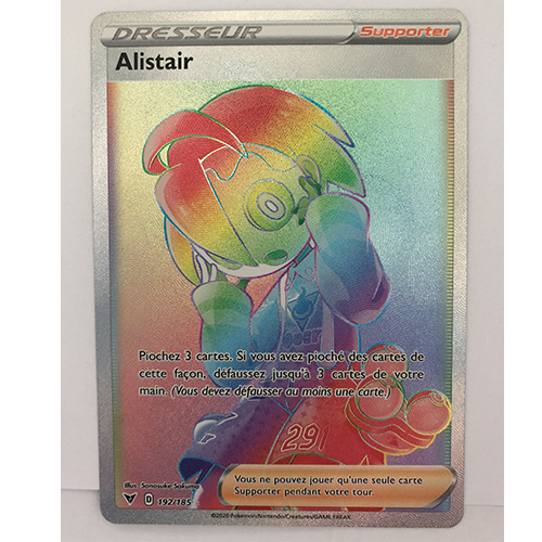 allister rare card Carte Pokémon Alistair Secrète Rainbow Officielle version FR 192/185 – Dracaustore